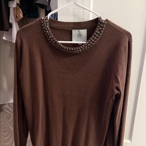 LIV Brown Sweater with Embellished Neckline